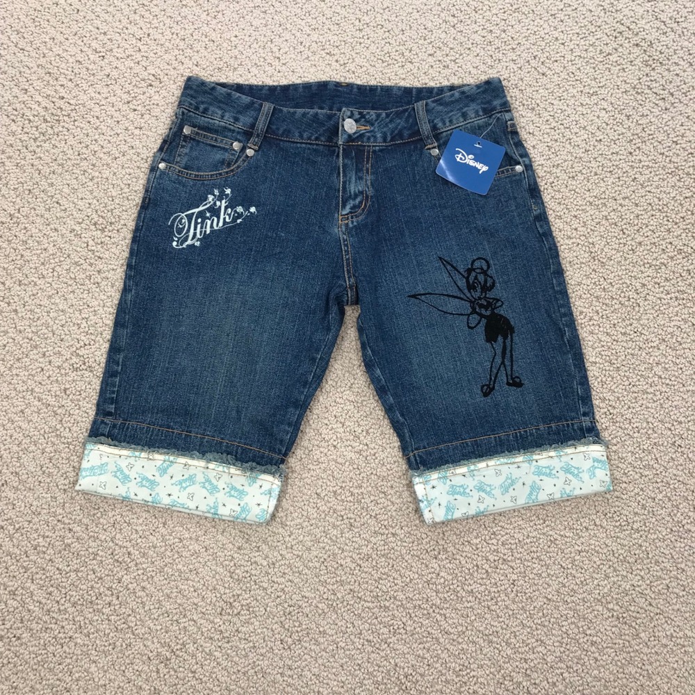 Disney Tinker Bell Denim Bermuda Shorts Blue Dark Wash Y2K Tink Size 3/5 NWT